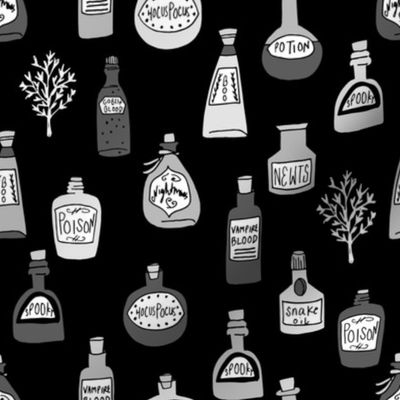 halloween potions fabric // spooky scary witches potions hocus pocus, halloween design - black