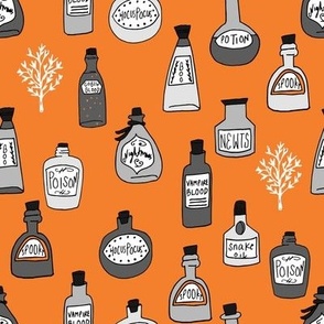 halloween potions fabric // spooky scary witches potions hocus pocus, halloween design - orange and grey