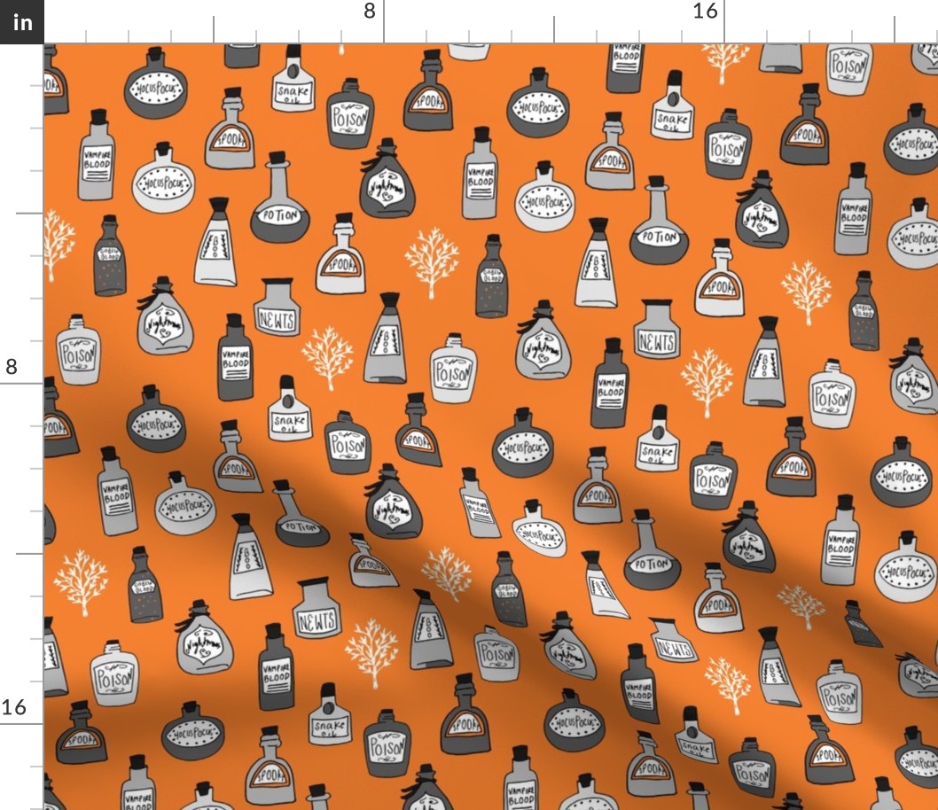 halloween potions fabric // spooky scary witches potions hocus pocus, halloween design - orange and grey