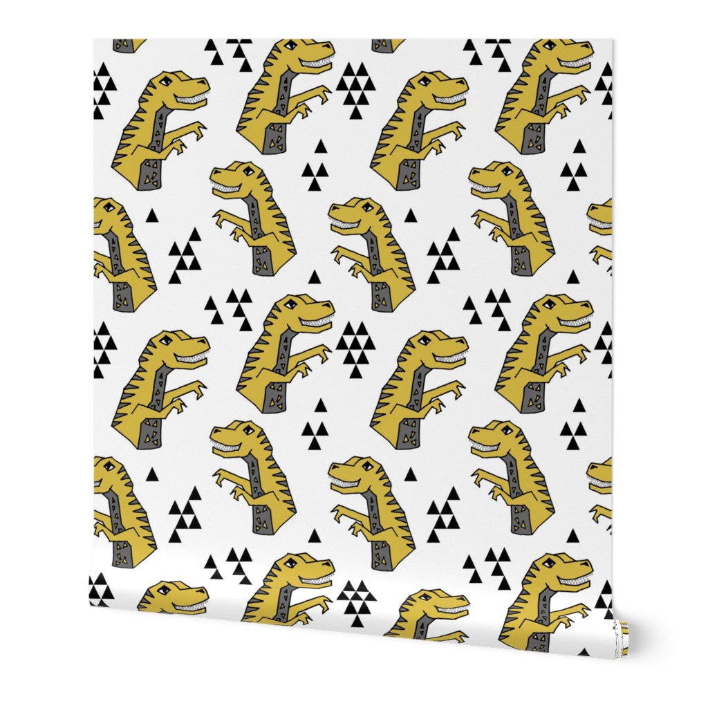 dinosaur fabric  // dinos dino prehistoric jurassic yellow dinosaur trex tyrannosaurus rex t-rex mustard yellow