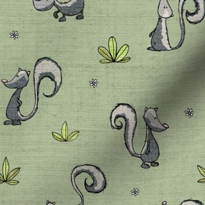 Skunks on knit - green