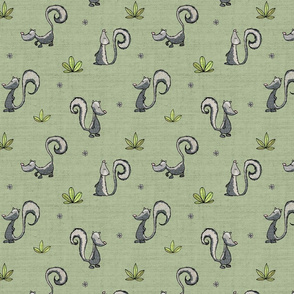 Skunks on knit - green