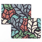 Hand drawn leaves in blue green red and cream colors