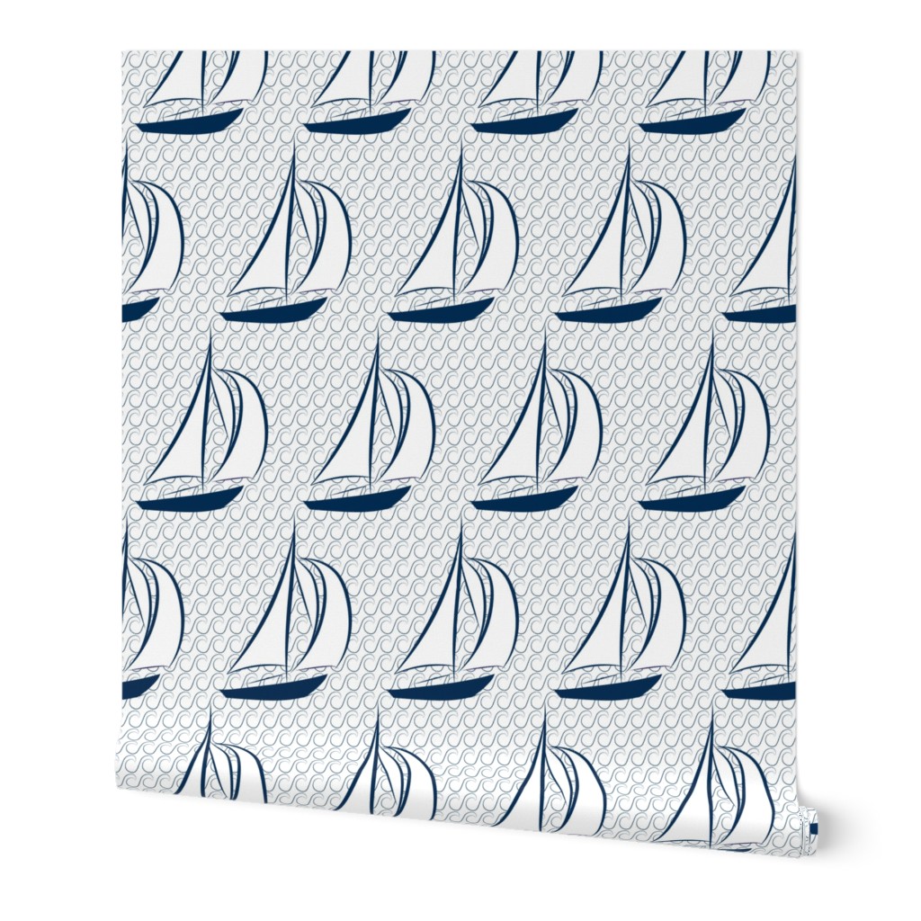 16-03K Nautical Sail Boat Sailing Navy Blue Wave Water Ocean Beach_Miss Chiff Designs