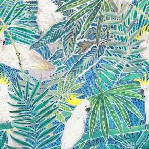 Cockatoos in tropical palm trees Watercolor