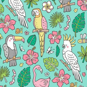 Summer Tropical Jungle Birds Toucan Flamingo and Hibiscus Floral Flowers Leaves Paradise  Mint Green