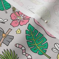 Summer Tropical Jungle Birds Toucan Flamingo and Hibiscus Floral Flowers Leaves Paradise  on Grey