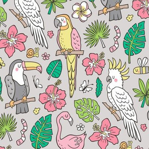 Summer Tropical Jungle Birds Toucan Flamingo and Hibiscus Floral Flowers Leaves Paradise  on Grey