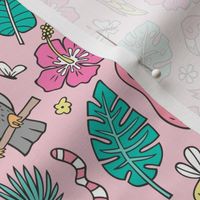 Summer Tropical Jungle Birds Toucan Flamingo and Hibiscus Floral Flowers Leaves Paradise on Pink