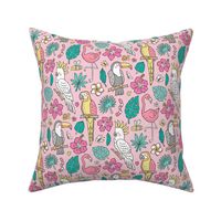 Summer Tropical Jungle Birds Toucan Flamingo and Hibiscus Floral Flowers Leaves Paradise on Pink