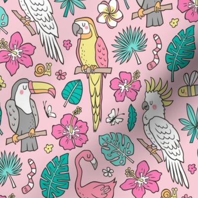 Summer Tropical Jungle Birds Toucan Flamingo and Hibiscus Floral Flowers Leaves Paradise on Pink