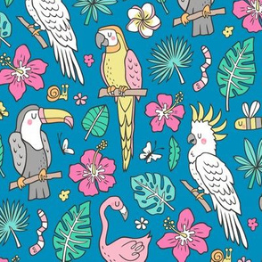 Summer Tropical Jungle Birds Toucan Flamingo and Hibiscus Floral Flowers Leaves Paradise on Dark Blue Navy