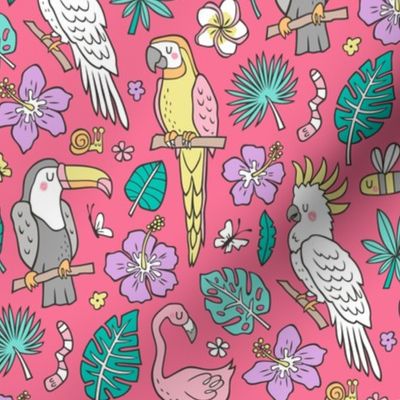 Summer Tropical Jungle Birds Toucan Flamingo and Hibiscus Floral Flowers Leaves Paradise  on Red Pink