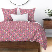 Summer Tropical Jungle Birds Toucan Flamingo and Hibiscus Floral Flowers Leaves Paradise  on Red Pink