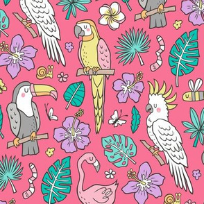 Summer Tropical Jungle Birds Toucan Flamingo and Hibiscus Floral Flowers Leaves Paradise  on Red Pink