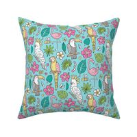 Summer Tropical Jungle Birds Toucan Flamingo and Hibiscus Floral Flowers Leaves Paradise Blue