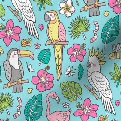 Summer Tropical Jungle Birds Toucan Flamingo and Hibiscus Floral Flowers Leaves Paradise Blue