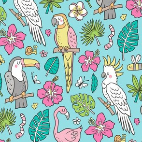 Summer Tropical Jungle Birds Toucan Flamingo and Hibiscus Floral Flowers Leaves Paradise Blue