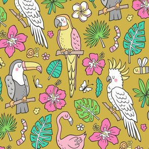 Summer Tropical Jungle Birds Toucan Flamingo and Hibiscus Floral Flowers Leaves Paradise Mustard Yellow