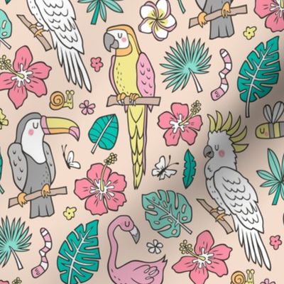 Summer Tropical Jungle Birds Toucan Flamingo and Hibiscus Floral Flowers Leaves Paradise 