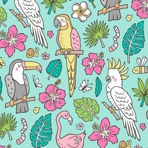 Summer Tropical Jungle Birds Toucan Flamingo and Pink Hibiscus Floral Flowers Leaves Paradise on Soft Mint