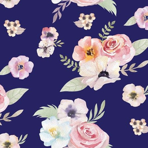 Watercolor Floral I - Navy Blue