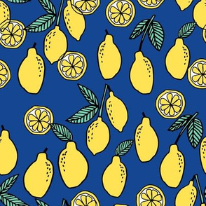 lemons fabric // citrus lemon fruit fabric fruits lemons fabric - blue