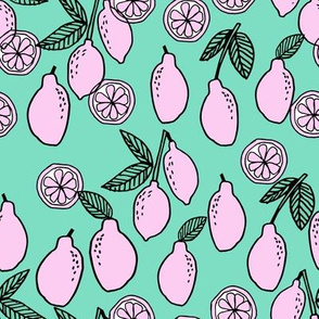 lemons fabric // citrus lemon fruit fabric fruits lemons fabric - pink and green