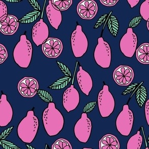 lemons fabric // citrus lemon fruit fabric fruits lemons fabric - navy and pink