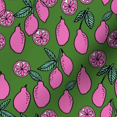 lemons fabric // citrus lemon fruit fabric fruits lemons fabric - green and pink