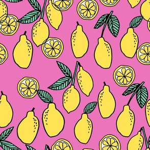 lemons fabric // citrus lemon fruit fabric fruits lemons fabric - pink and yellow