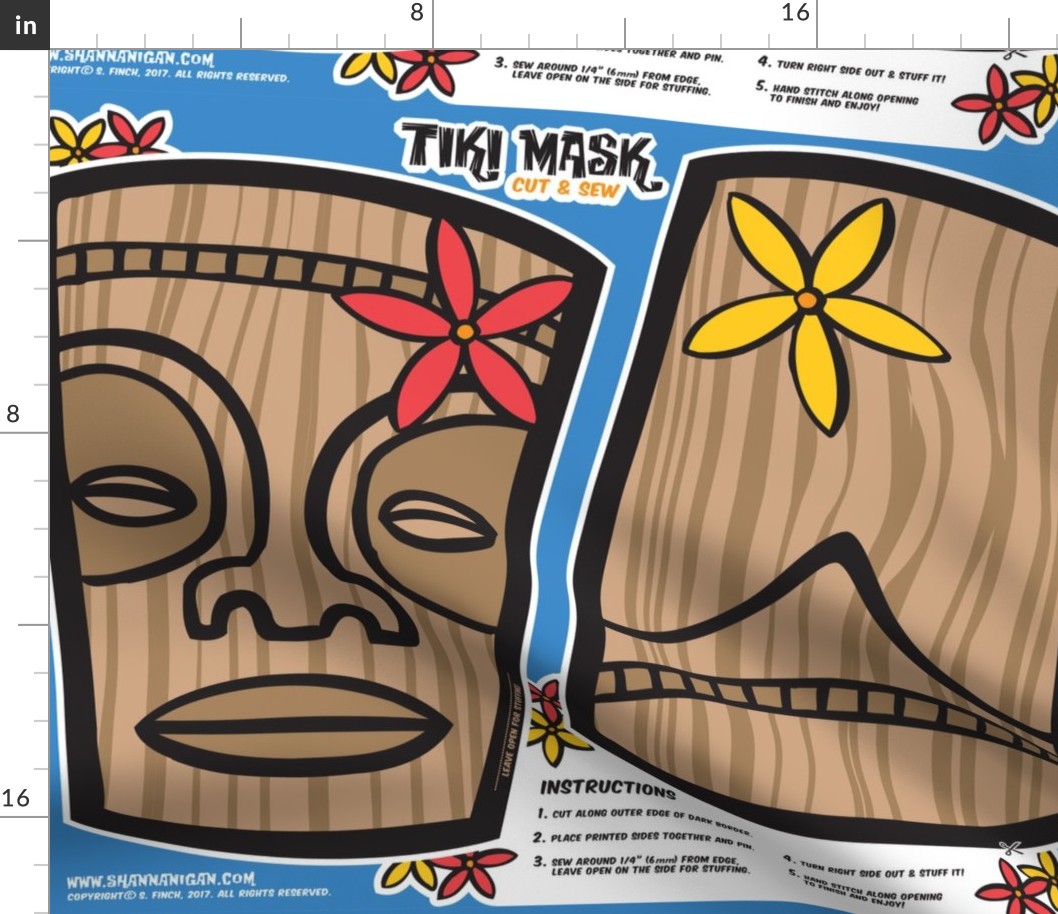 Oily Aloha - Tiki Mask - Cut & Sew - Blue