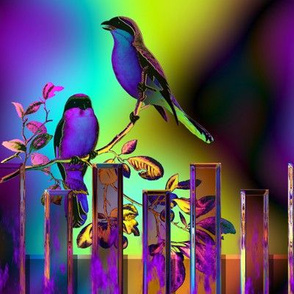 BIRDS ON A GLASS FENCE 2 FENCE purple blue GLOWING SKY