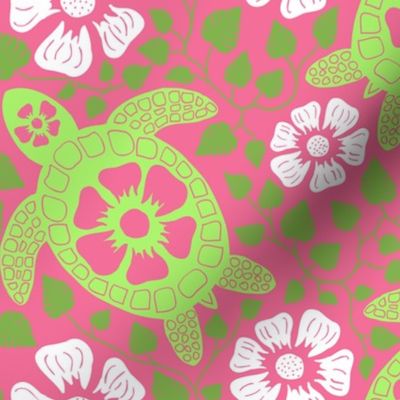 Hawaiian Turtles and Flowers in Greens and Pink