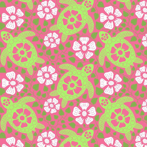 Hawaiian Turtles and Flowers in Greens and Pink