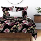 Moody florals, Pink Peonies Dragon black and pink, vintage roses, 