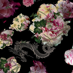 Moody florals, Pink Peonies Dragon black and pink, vintage roses, 