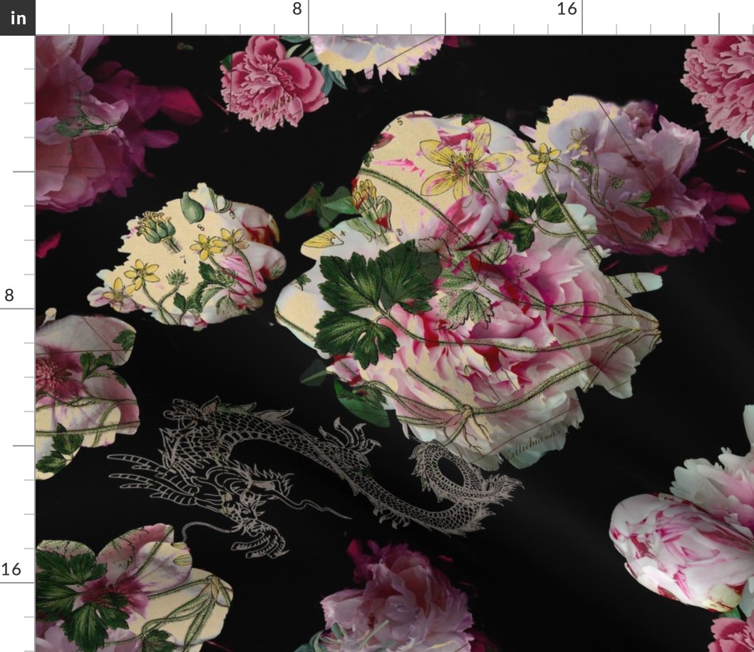 Moody florals, Pink Peonies Dragon black and pink, vintage roses, 