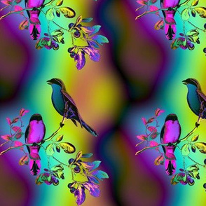 BIRDS ON A GLASS FENCE 1 bird rainbow sky mustard purple aqua GLOWING SKY