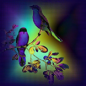 HALFTONE GRID TILES 2 BIRDS ON A GLASS FENCE  purple blue GLOWING SKY
