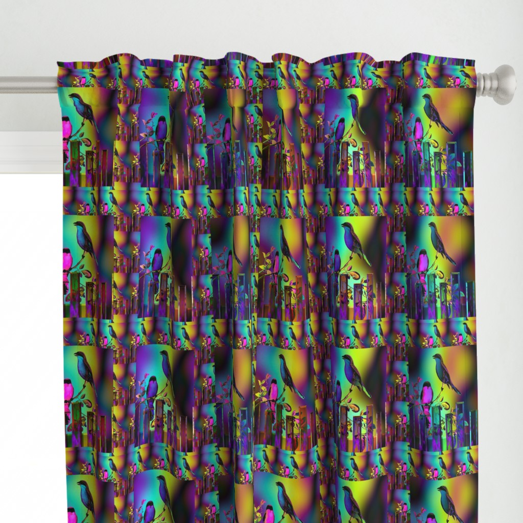 BIRDS ON A GLASS FENCE MULTI 1 2 3 SCARF APPLIQUE TILES  GLOWING SKY