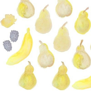 Fresh Breakfasts Fruits Berries Bananas and Pears watercolour on white