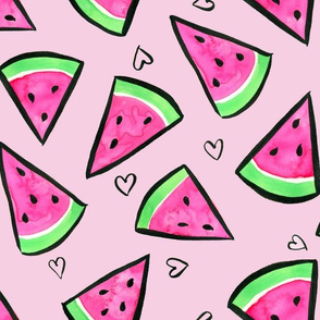 Watercolor Watermelons and Hearts on Pink