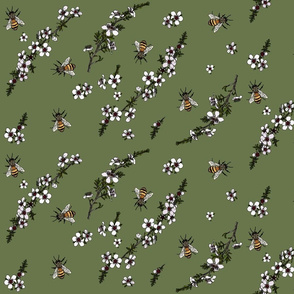 Manuka with bees on dark green