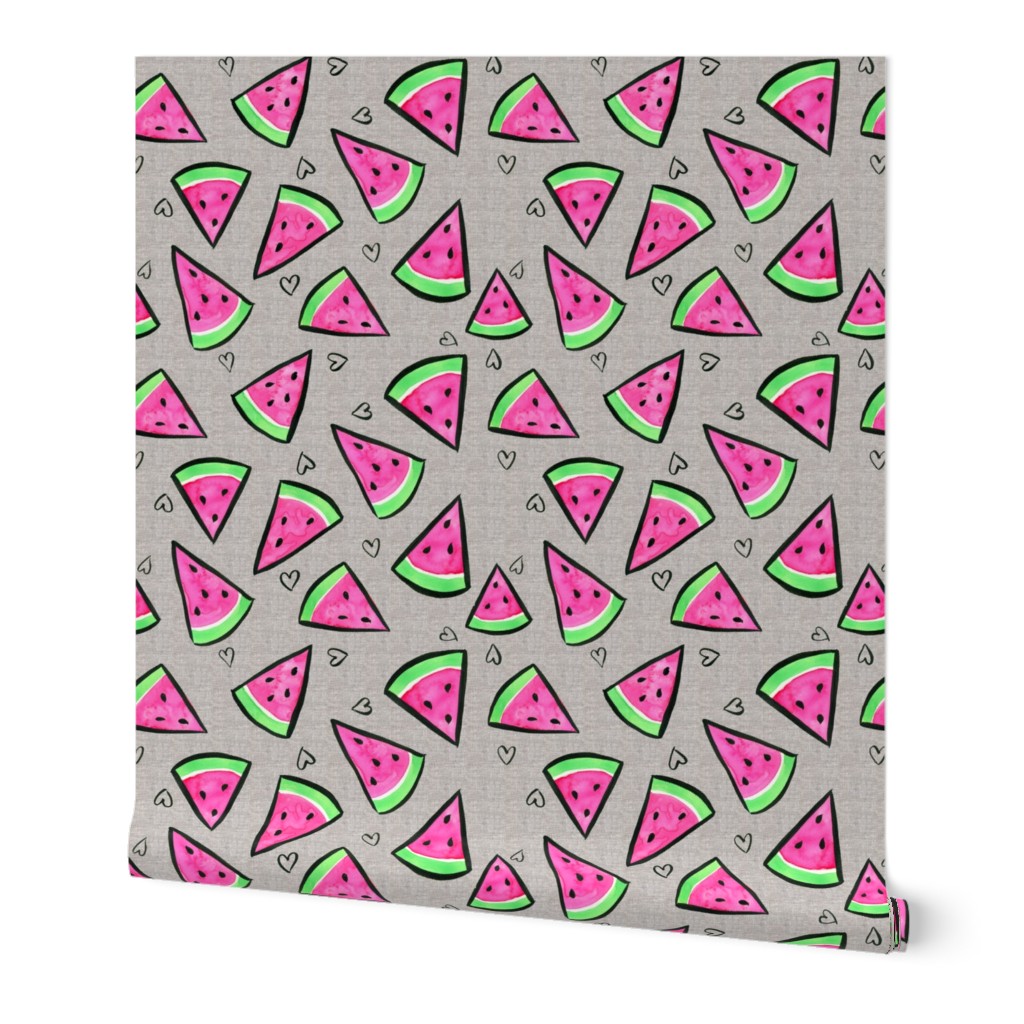 Watermelon and Hearts on Linen - larger scale