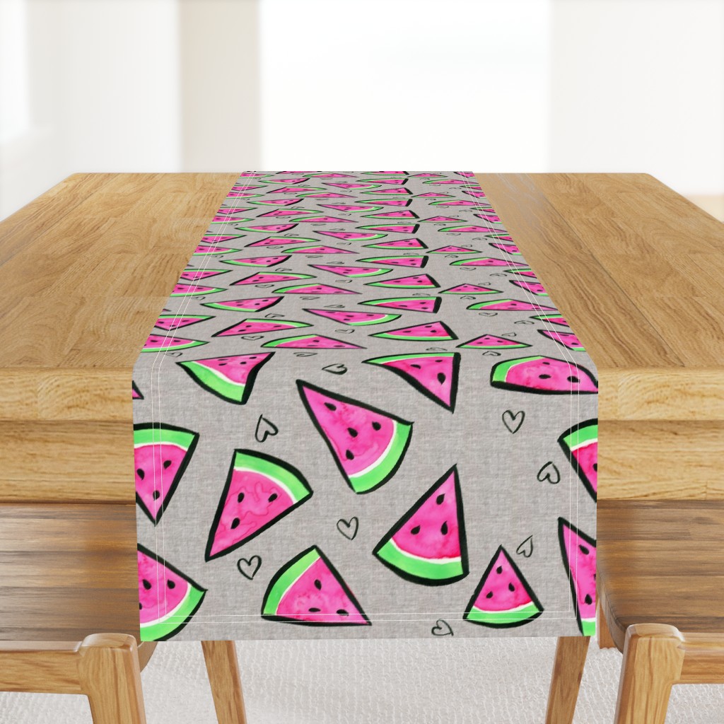 Watermelon and Hearts on Linen - larger scale