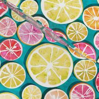 Citrus bath // blue background multicoloured lemons oranges