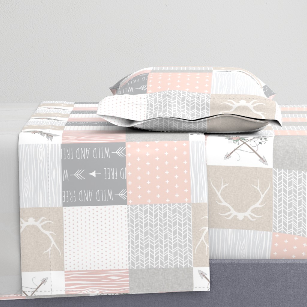 Wholecloth- BoHo Baby Girl Quilt - Rotated - Pink Grey Tan