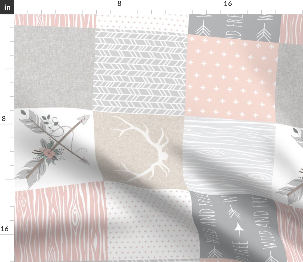 Wholecloth- BoHo Baby Girl Quilt - Rotated - Pink Grey Tan