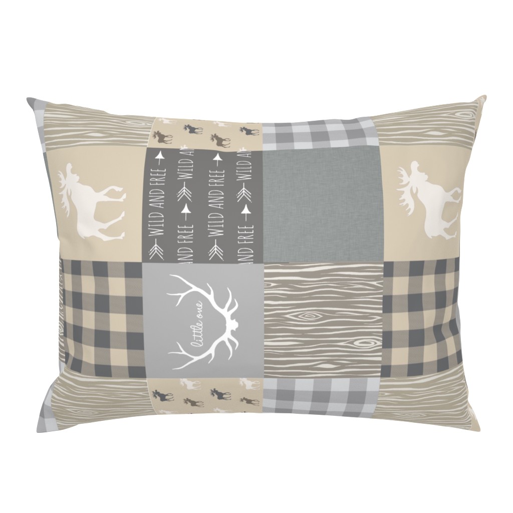 Rustic Woodland Wholecloth Patchwork Quilt - tan and grey - light linen texture  Rotated Moose